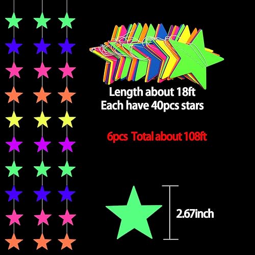 Miniatura 2 de Guirnalda de papel de neón de estrella de 108 pies, suministros de fiesta con serpentinas de neón para luz negra, accesorios de fiesta, pancarta de