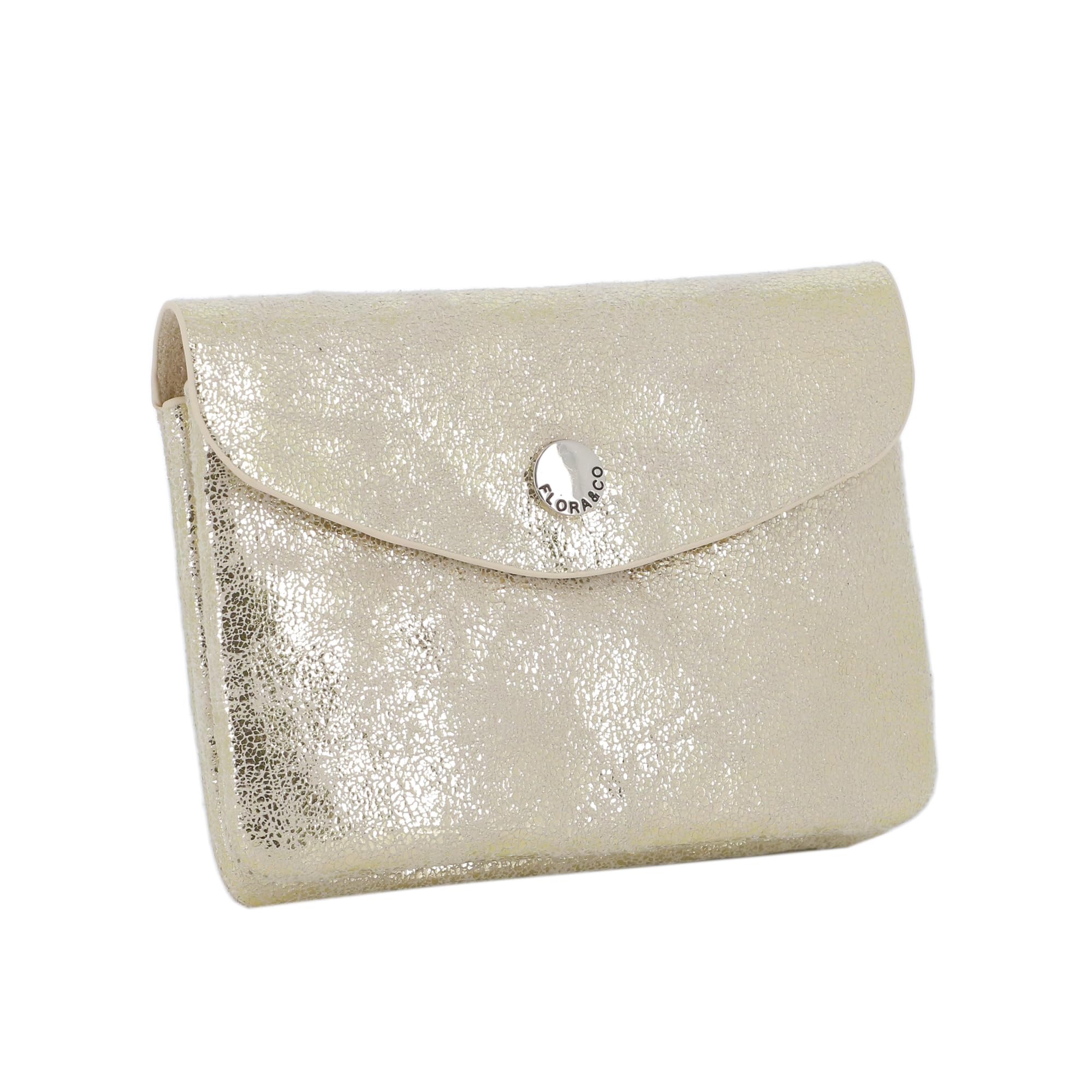 flora & co Porte-Monnaie Cartes Similicuir Suédé Brillant - Portefeuille Pochette à Magnétique Tout-en-Un Taille Petite - Pratique Léger - Or Clair