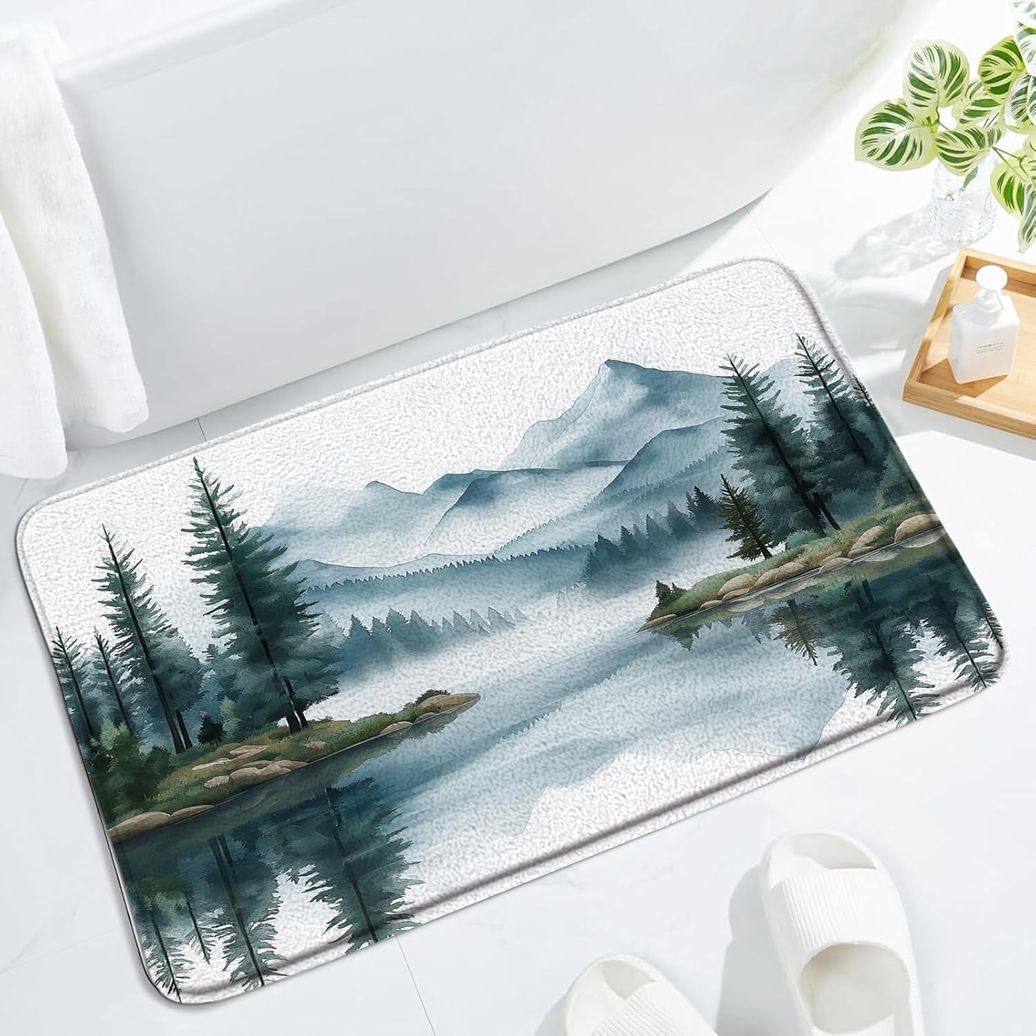 Green Misty Forest Mountain Bath Mat,Watercolor Pine Tree Lake Landscape Foggy Nature Magic Abstract Jungle Bathroom Kitchen Memory Foam Rug，24x60 Inch
