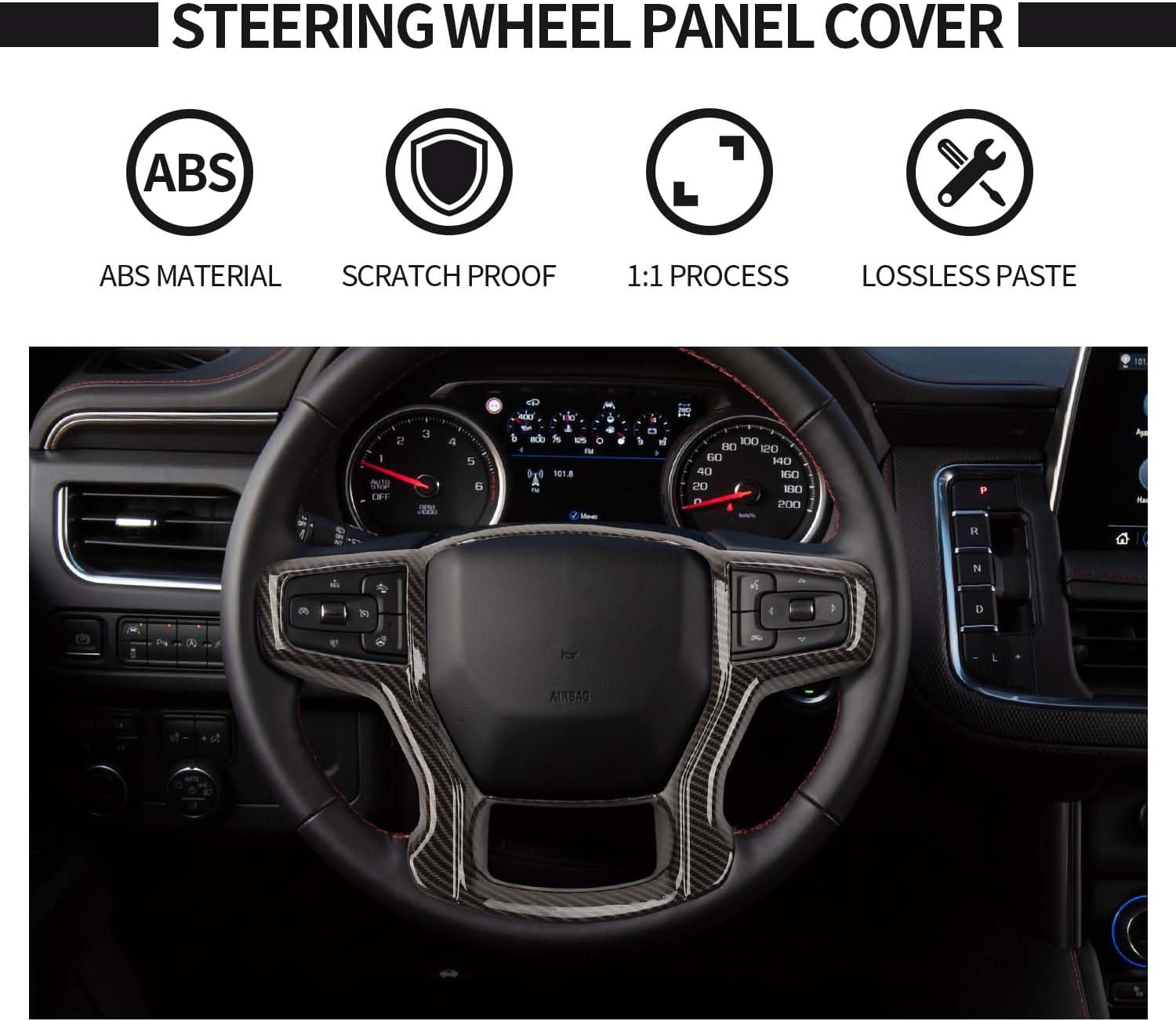 Voodonala for Chevy Silverado Steering Wheel Panel Cover Interior Steering Wheel Accessories Compatible with Chevy Silverado 1500 2019-2024 Suburban 2020+ Tahoe 2021+(1Pc,ABS,Carbon Fiber Black)