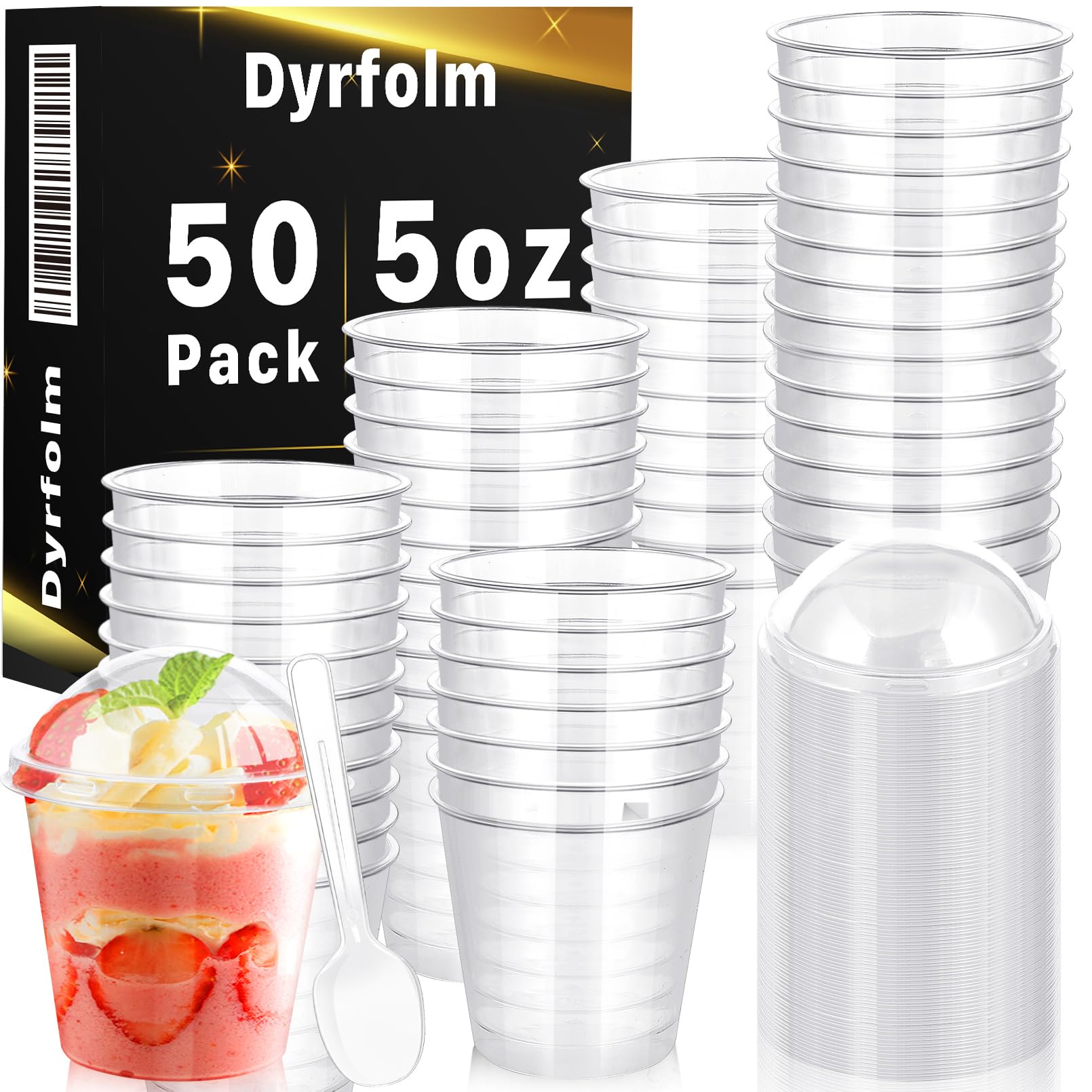 Dyrfolm 5 oz Dessert Cups with Dome Lids and Spoons,50 Pack Clear Plastic Parfait Cups,Disposable Dessert Cups with Lids,Round Crystal Parfait Cup for Dessert,Fruit,Yogurt,Ice Cream(Round)