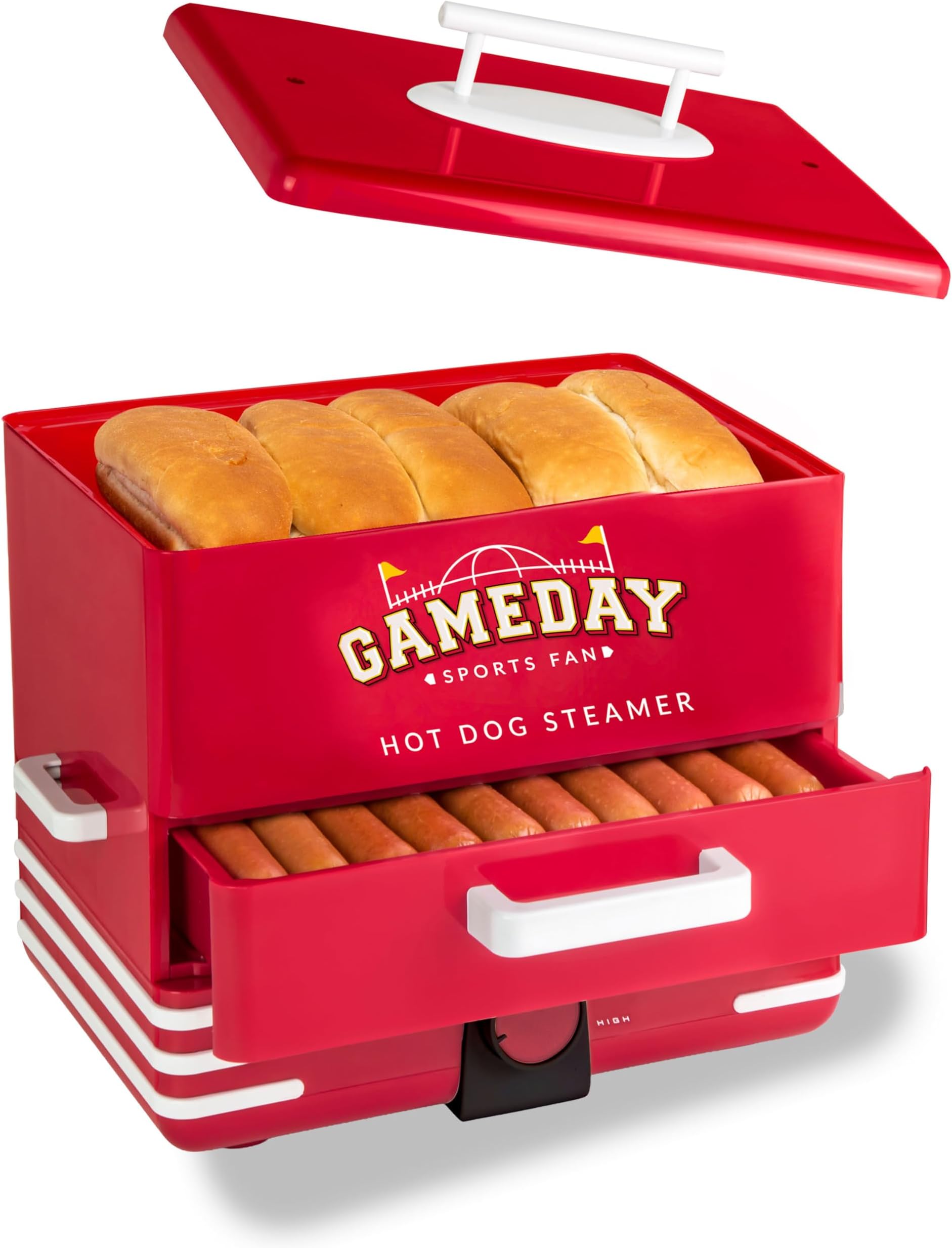 Nostalgia, Game Day Hot Dog Steamer and Bun Warmer, Fits 20 Dogs and 8 Buns, Steams Pot Stickers, Veggies, Potatoes, and Other Appetizers or Toppings