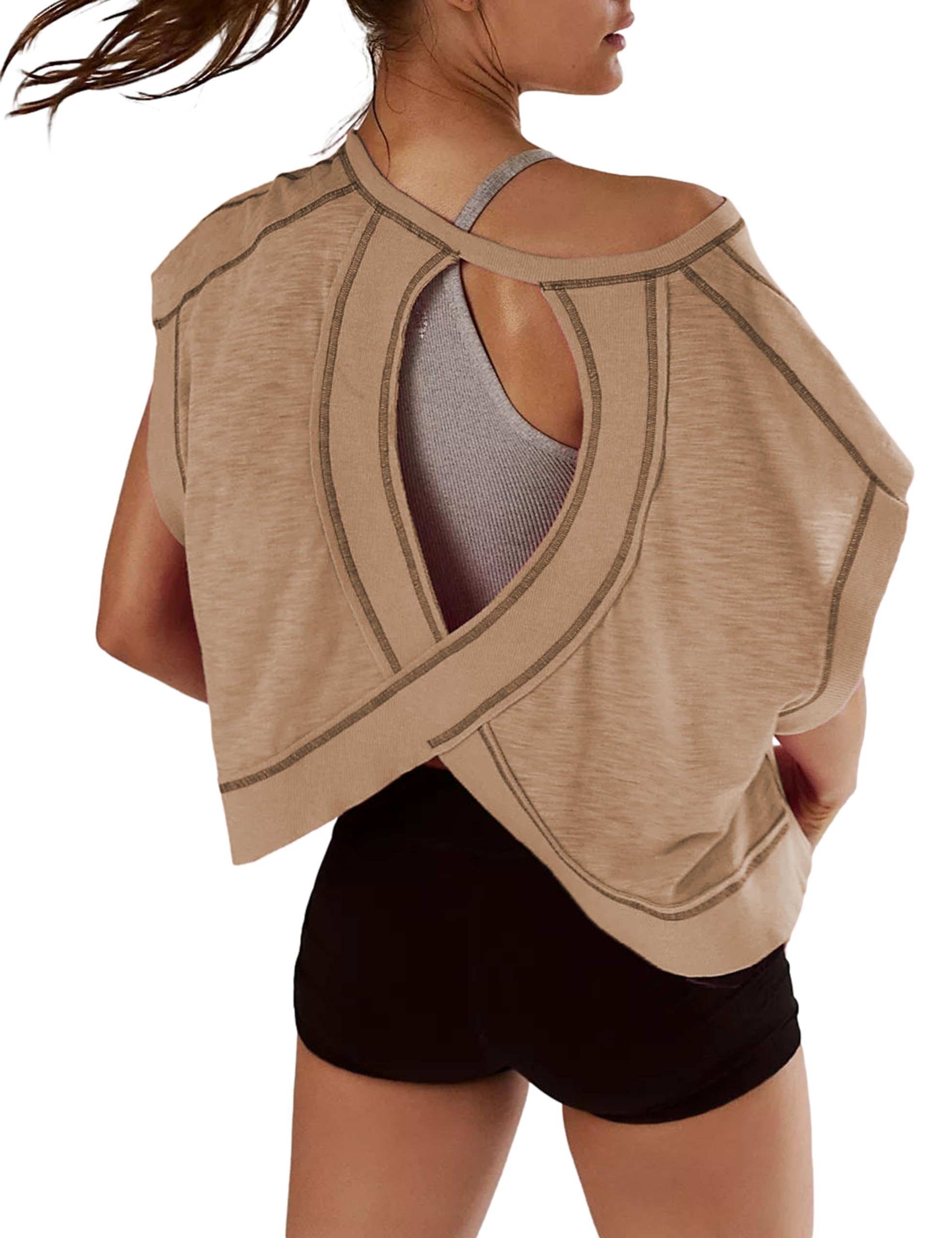 Kumufenc Women Short Sleeve Workout Shirts Open Back Tops Casual Yoga Y2k Athletic Gym Slouchy Crop Running Tees