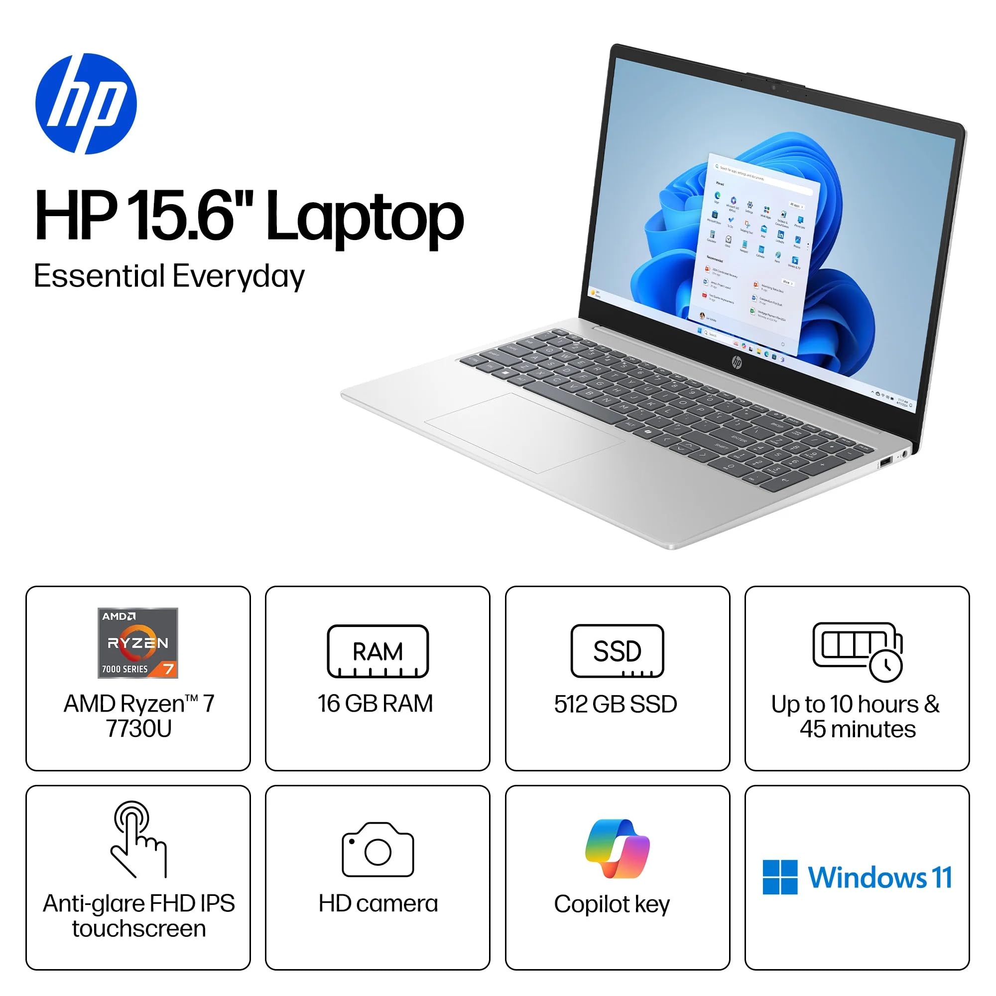 Amazon.com: HP 15.6 inch FHD IPS Touch Laptop, AMD Ryzen 7 7730U