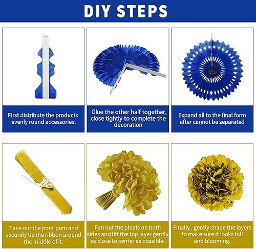 Miniatura 5 de Decoración de fiesta de feliz cumpleaños azul marino y dorado, 24 abanicos de papel colgantes, guirnalda de flores con pompones, guirnalda