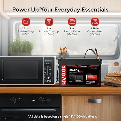 Miniatura 8 de DR.PREPARE Batería LiFePO4 de 12 V 100 Ah, baterías de litio de 12 V con BMS de 100 A, batería de fosfato de hierro y litio de ciclo profundo de