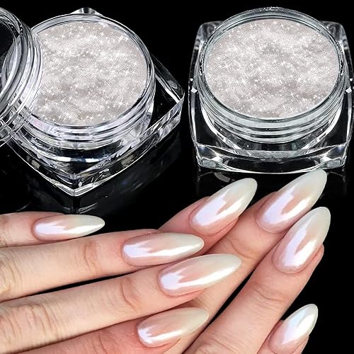2 cajas de polvo de uñas de cromo perla blanca – Polvo de pigmento cromado transparente transparente brillante para uñas, uñas inspiradas efecto