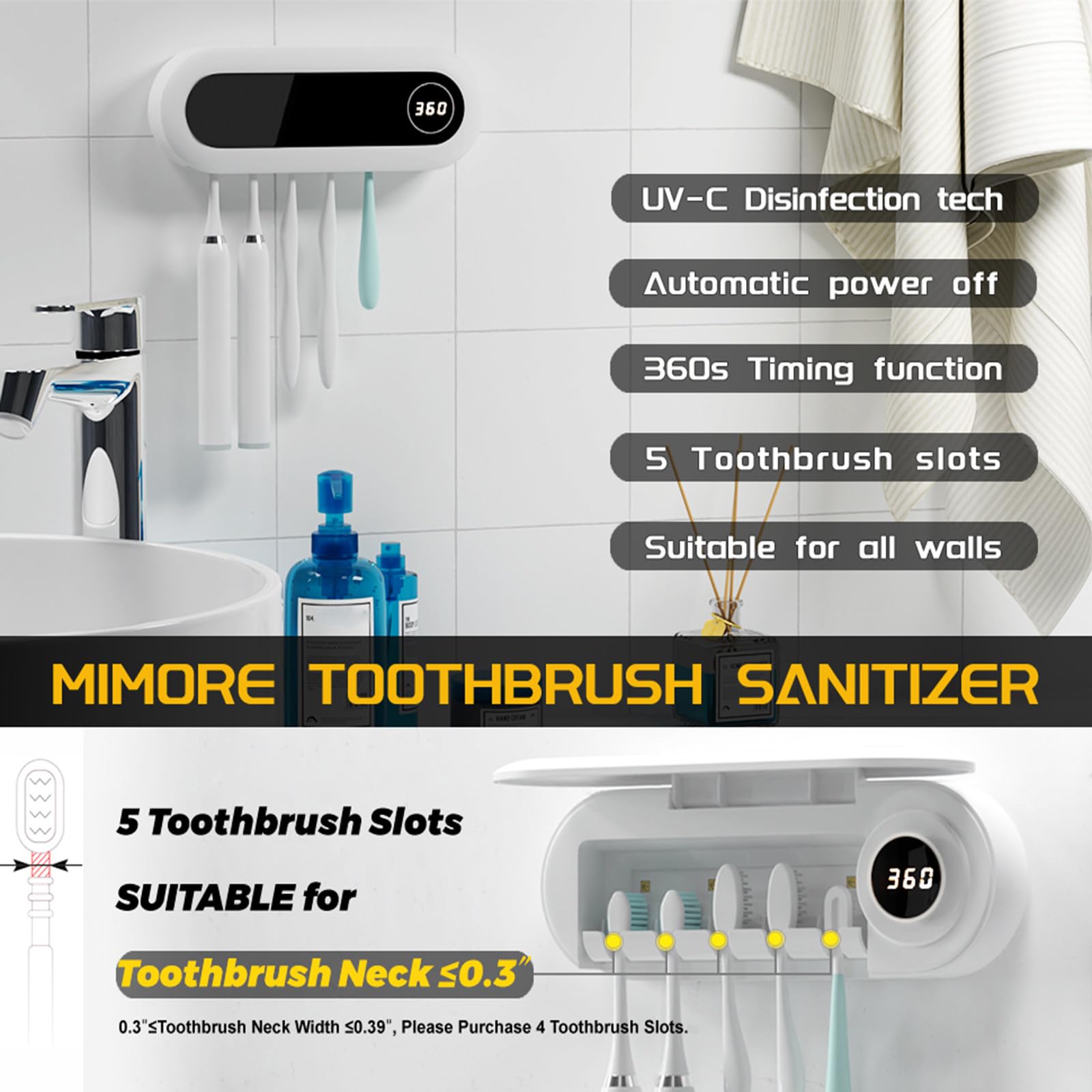 Esterilizador de cepillos de Dientes - Esterilizador y Soporte para cepillos de Dientes UV - 5 bandejas para cepillos de Dientes - Montado en la Pared inalámbrico