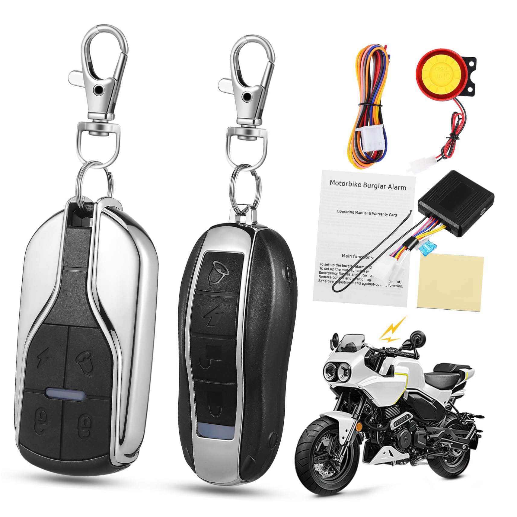 Sistema di Allarme per Moto 12v Sensibilità Regolabile, Avviamento Motore da Remoto, 2 Telecomandi e Altoparlante Potente per Sicurezza