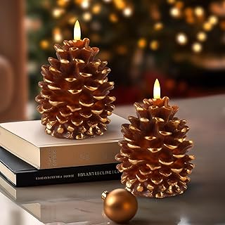 Homemory 2 Pcs Flameless Pine Cone LED Candles with 6H Timer, Real Wax Battery Operated for Fireplace Decor, Indoor Holiday Decor, Brown (D3.5 x H5.3 Inch)