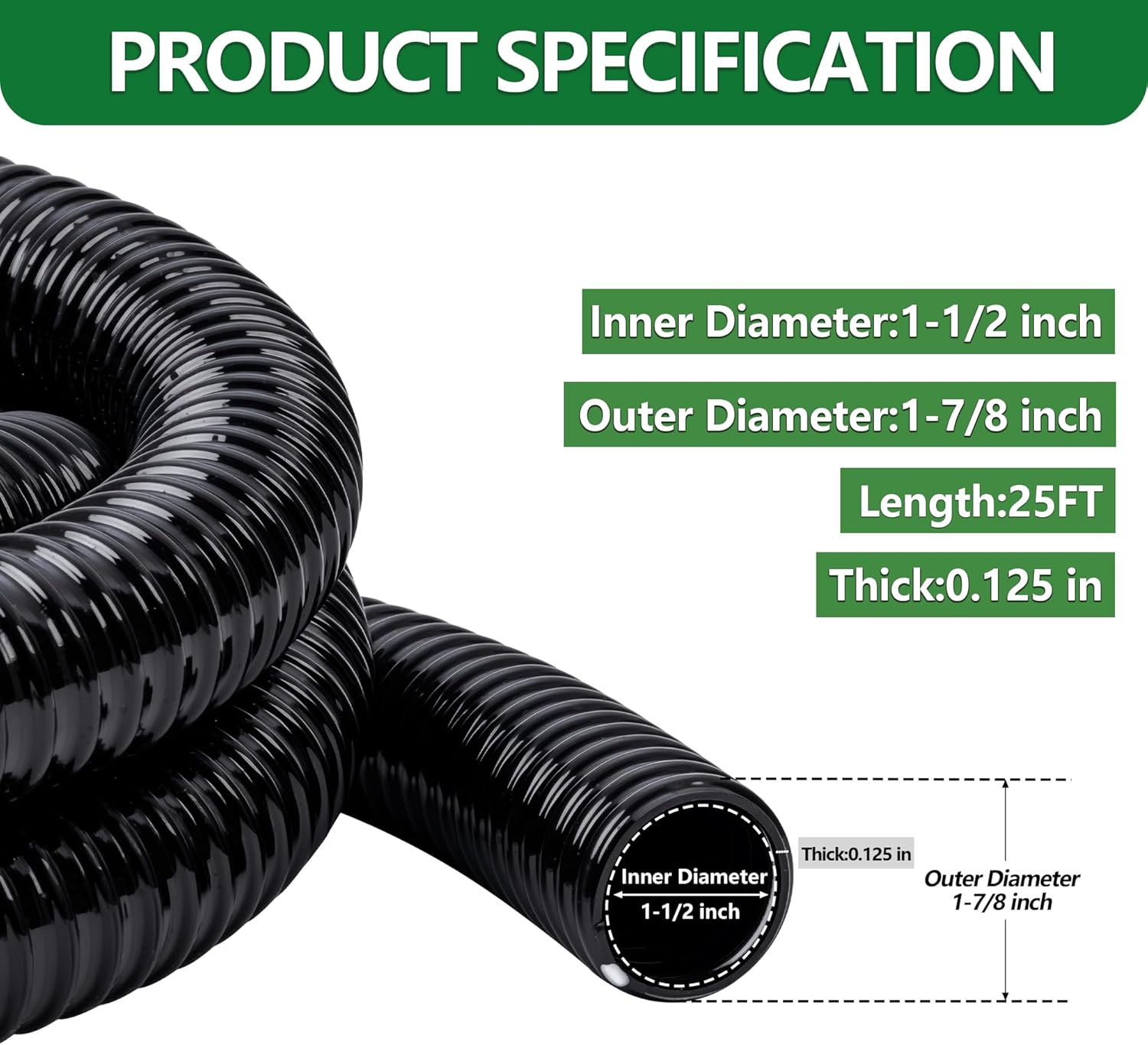 1-1/2" ID Pond Tubing 25ft Black, Reinforced PVC Corrugated Hose - Kink-Proof, Includes 1 Stainless Steel Clamp & 1.5" Barbed x NPT Male Adapter for Ponds, Waterfalls, Pumps, Filters & Drainage