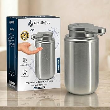 GentleJet WaveJet Automatic Foaming Soap Dispenser Touchless Sensor, USB-C Rechargeable, 304 Stainless Steel, IPX5 Waterproof for Bathroom Kitchen Sink, 12 oz / 350 ml