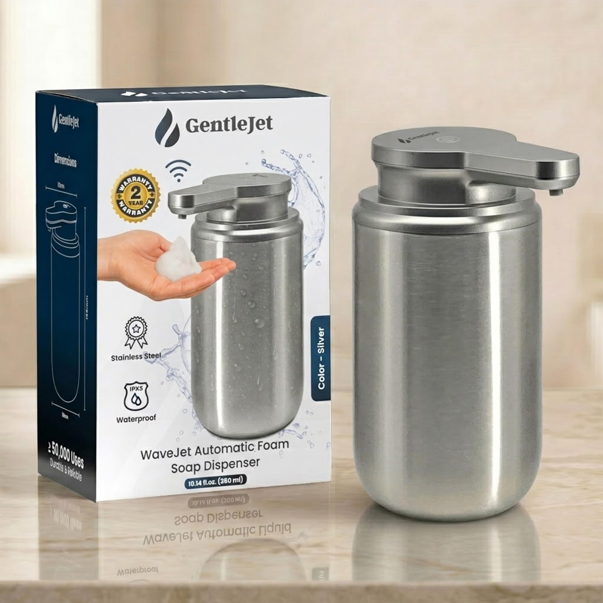 GentleJet SimpleFoam, dispenser automatico di sapone in schiuma, ricaricabile, senza contatto, per bagno o cucina, doppi livelli di schiuma, modalità di pulizia automatica (acciaio spazzolato, 350 ml)