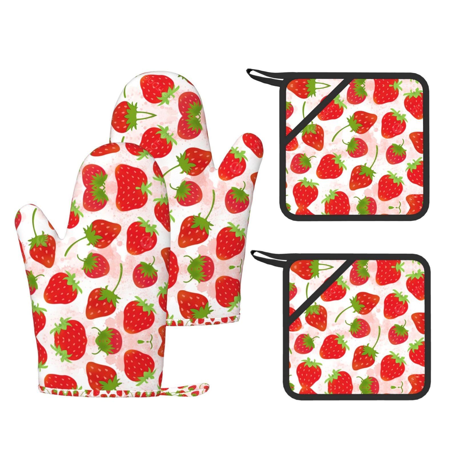 Strawberry Trendy Printed Kitchen Set with Heat Resistant Gloves & Non-Slip Hot Pads for Baking & Grilling