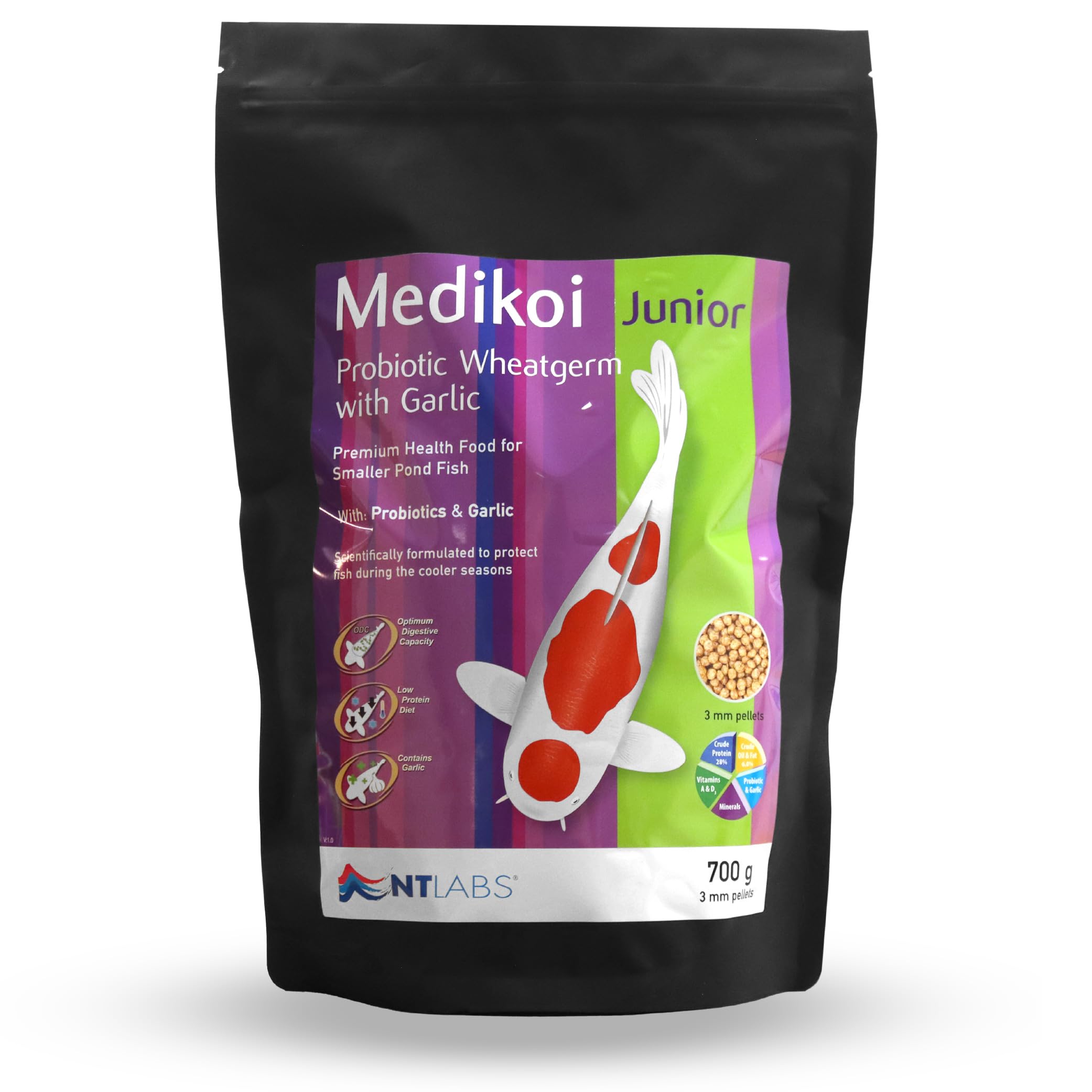 NT Labs Medikoi Probiotic Wheatgerm with Garlic, Feed For Pond Fish, For Winter Feeding, Rich in Probiotic Bacteria, Contains Garlic, Low Protein Feed Maintains, Immune System (Junior, 3mm) (700g)