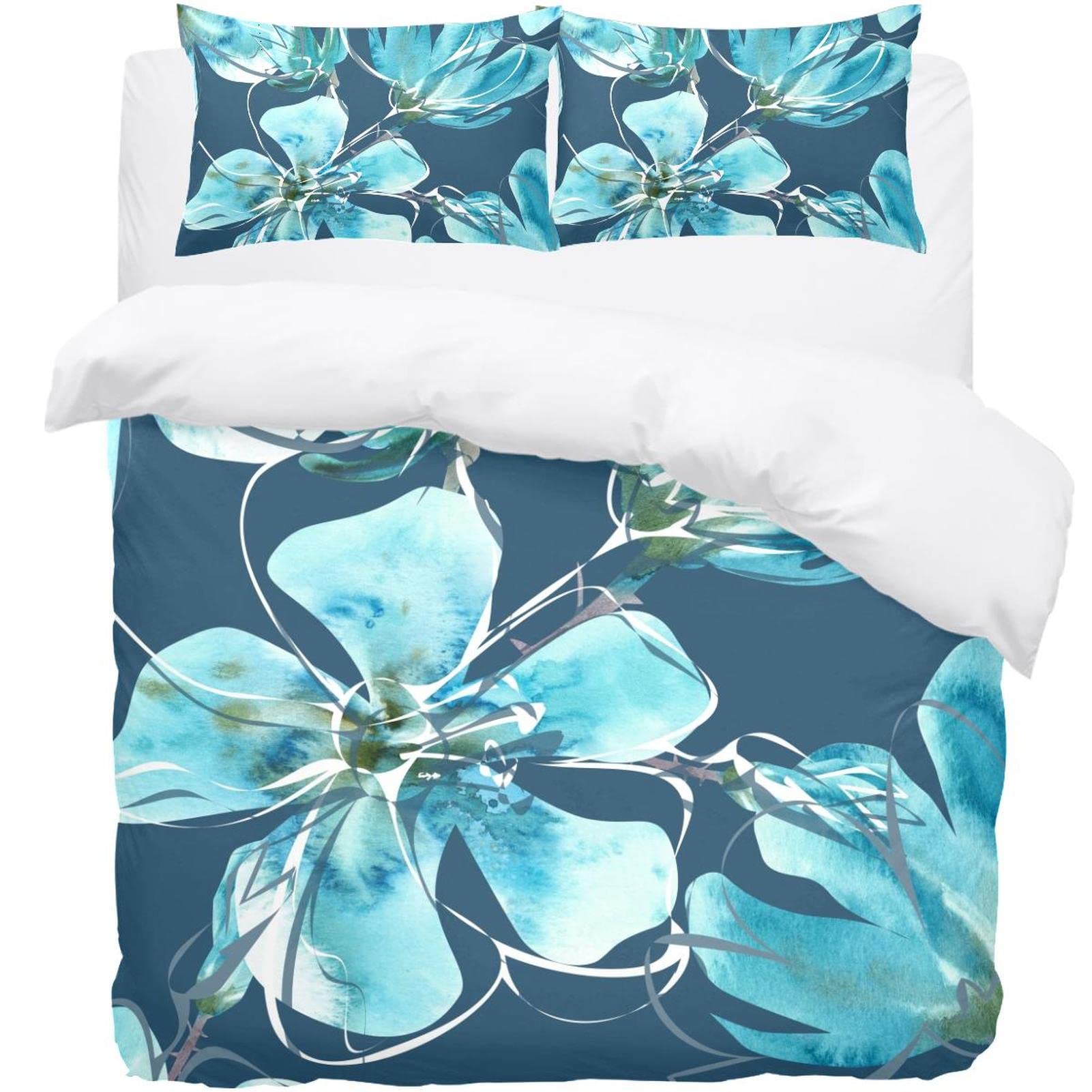 Housse de couette bleu motif floral avec 2 taies d'oreiller douce parure de lit