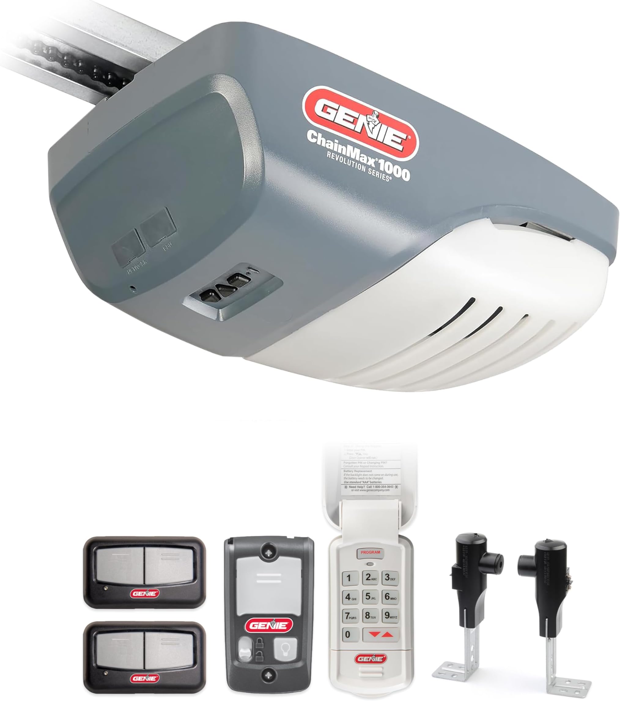 Genie ChainMax 1000 Garage Door Opener - Durable Chain Drive - Includes two 3-Button Pre-Programmed Remotes,Wall Console, Wireless Keypad, Safe-T-Beams - Model 3022-TKH, 140V DC Motor,Gray