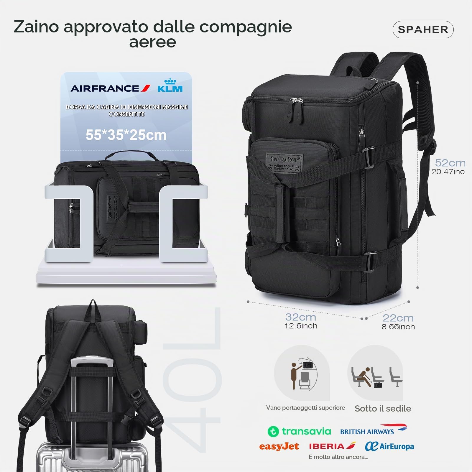 SPAHER 3 in 1 Tattico Borsone Zaino da Trekking Grande 40L, Nero | Apertura Ampia a 180°, 2 Manici, Sistema MOLLE, Tasca Umida, Scomparto Imbottito per Laptop da 16 Pollici