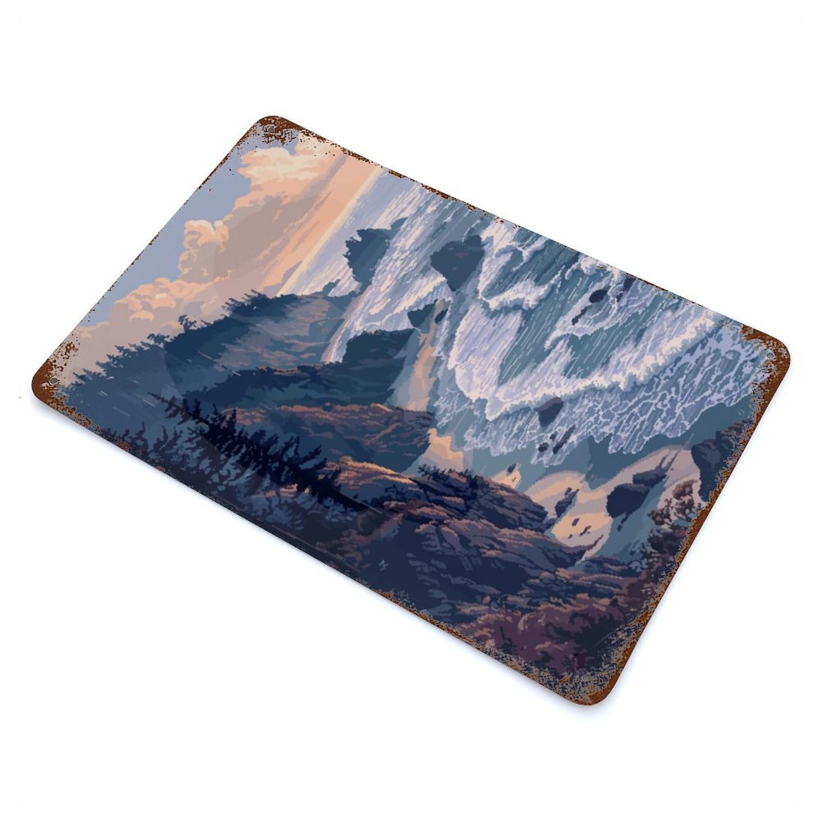 Garage Style Pacific Cliffs Pixel Art Weathered Tin Sign 11.8"x7.9", Classic Wall Plaque for Bar And Workshop