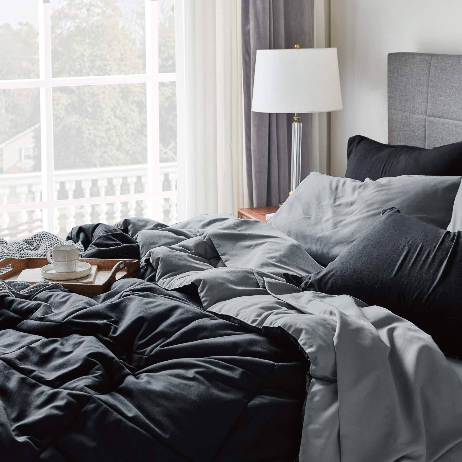 Bedsure Queen Comforter Set Reversible Grey Bundle Black Reversible