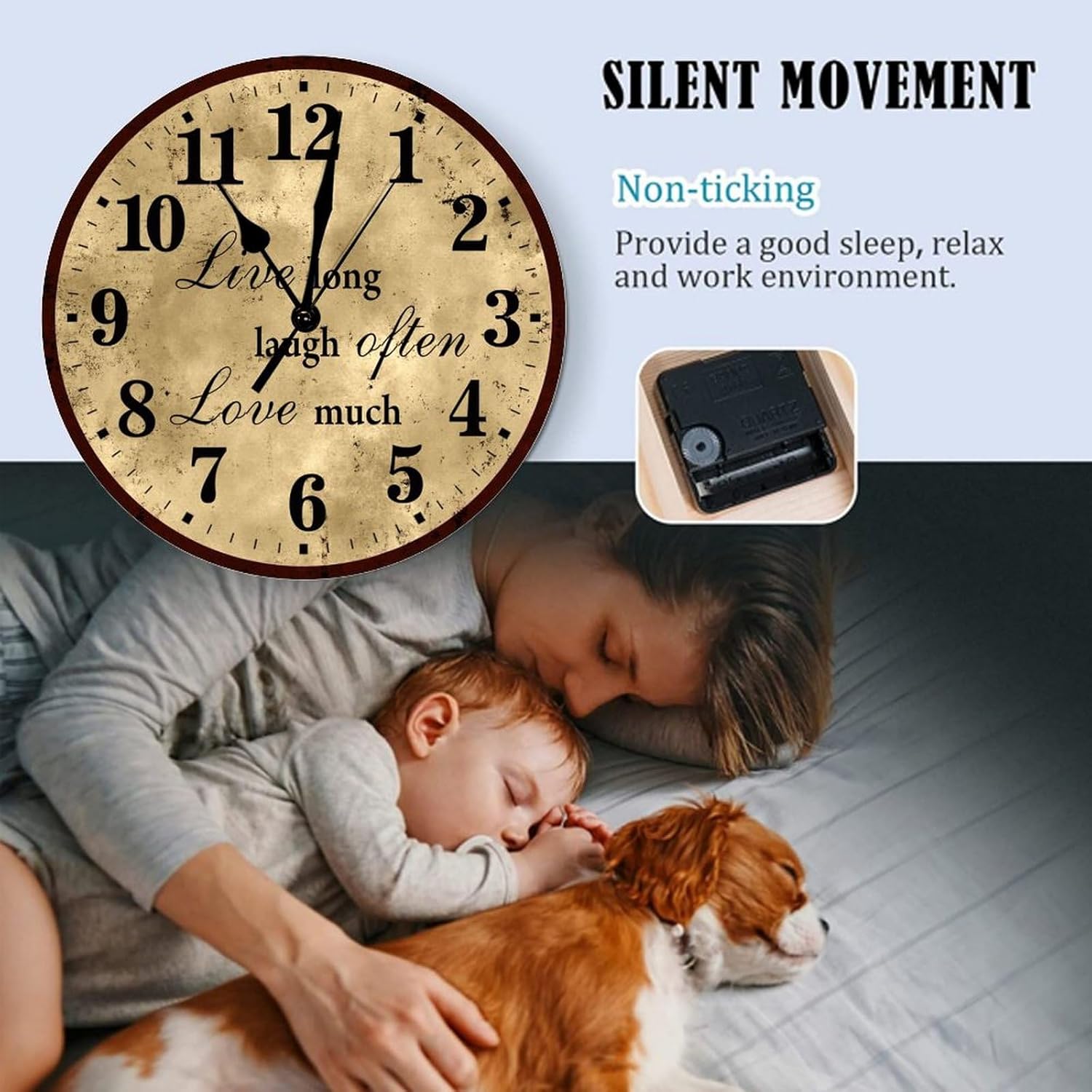 Wall Clock Battery Operated Retro Brown Clock Live Laugh Love Wall Clock for Kitchen Decor Non Ticking Wall Clock Decorative Wall Hanging Round Clock for Classroom 12 inch