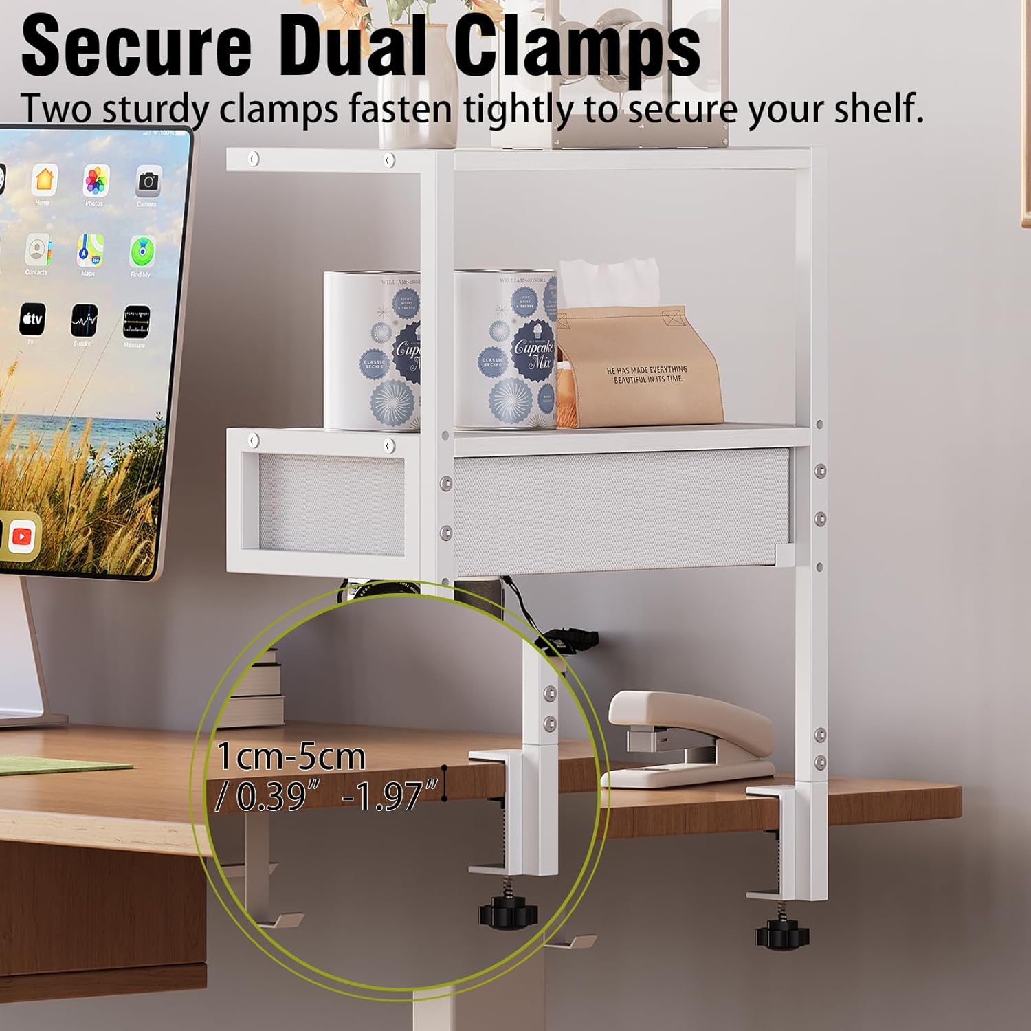 VENNQD Clamp On Desk Shelf, 2-Tier Desktop Organizer, Wood Desktop Supplies Tabletop Book Storage Rack with Adjustable Shelves for Table Working and Gaming Accessories, White