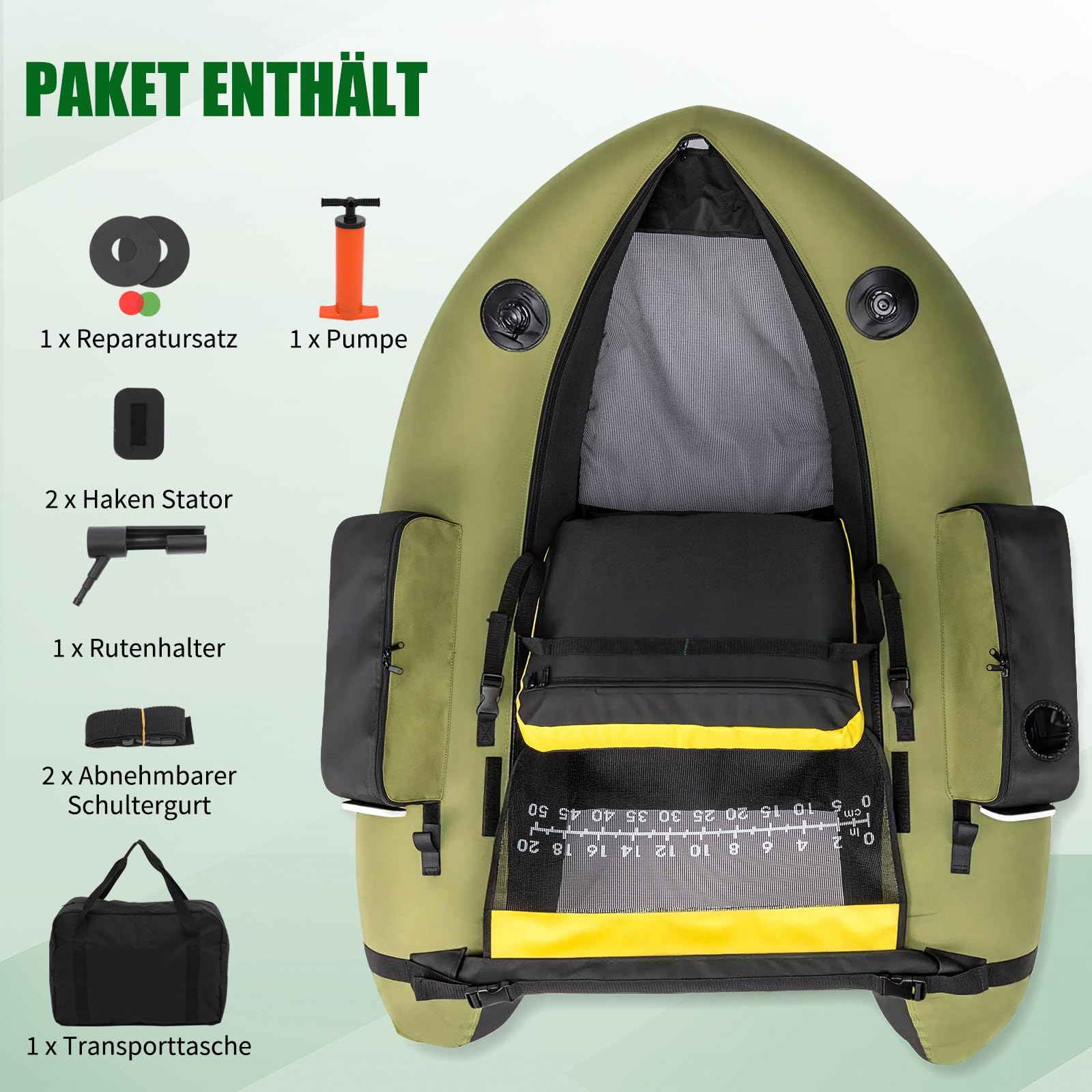 LEADZM Aufblasbares Schlauchboot, Angelboot mit Pumpe, Fischerboot mit Angelrutenhalter, Verstellbaren Gurten, Aufbewahrungstasche, Tragkraft 150 kg