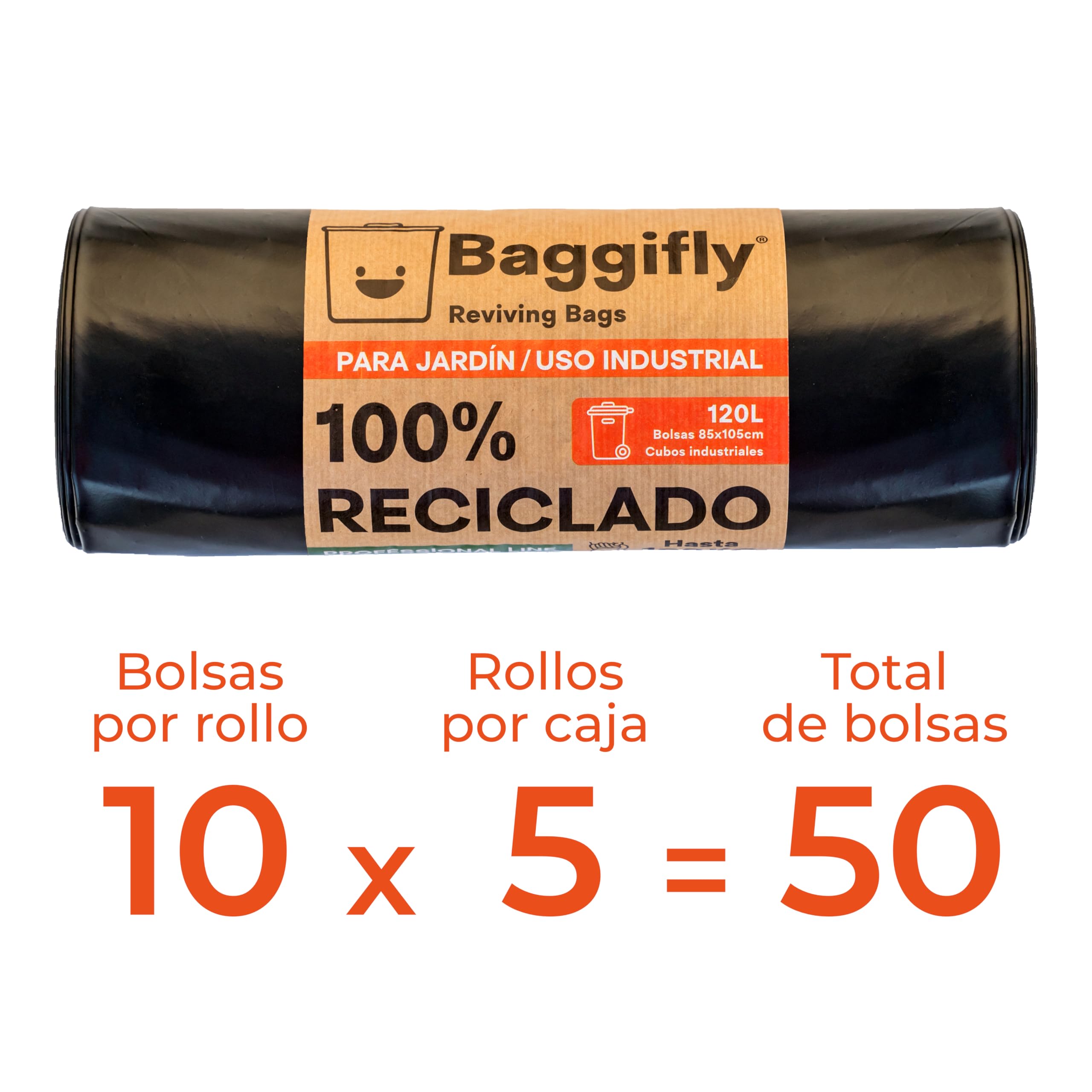 Baggifly worek na śmieci 120L - 5 rolek po 10 torebek - 100% materiał z recyklingu - wymiary 85 x 105 cm - Idealny do hotelarstwa i zastosowań przemysłowych - Super wytrzymałe torby