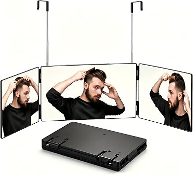 3 Way Mirror for Self Hair Cutting - Height Adjustable Hooks 3 Way Barber Mirror, Portable Travel Mirror for Makeup, Shaving, Braiding & Hair Dyeing Grooming