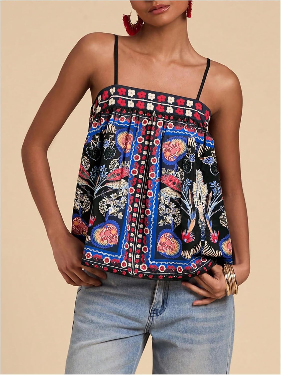 SOLY HUX Women's Boho Printed Camisole Spaghetti Strap Flared Cami Tops Beach Vacation Clothes - Image 2