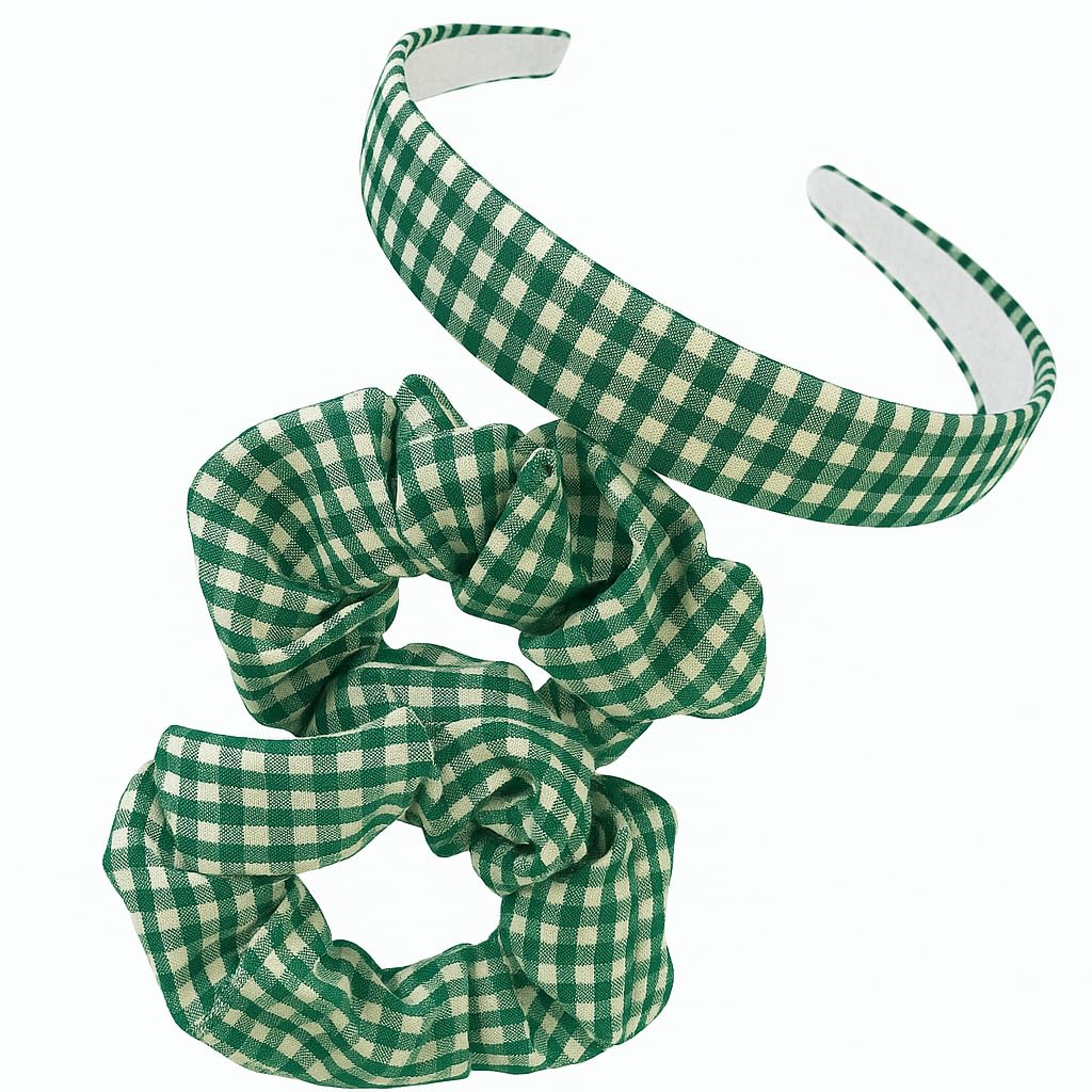 Girls Gingham Hair Set - Green School Headband & 2 Matching Scrunchies - Image 2