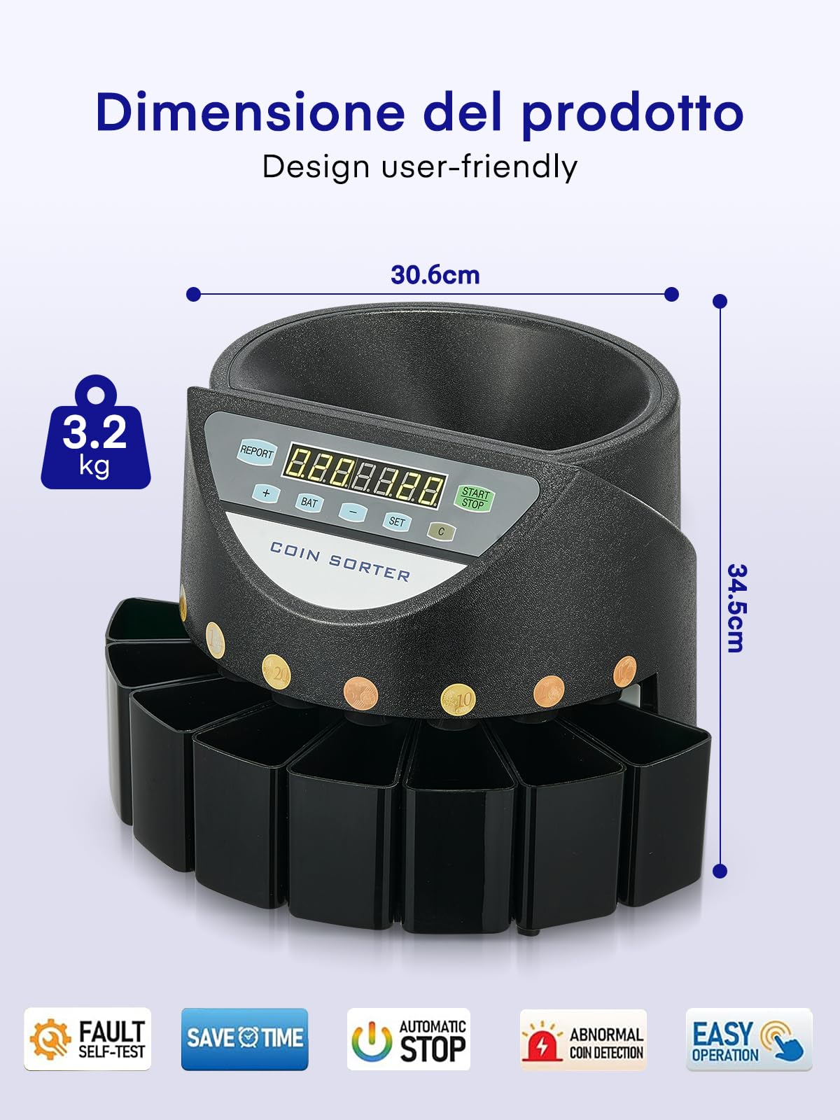 Macchina Contamonete Euro, Separatore Monete 300 Pezzi/Minuto, Capacità 800 Monete, Display LED 7 Cifre e Pannello di Controllo, 8 Cassetti di Raccolta, per Negozi, Scuole, Banche e Tabaccherie