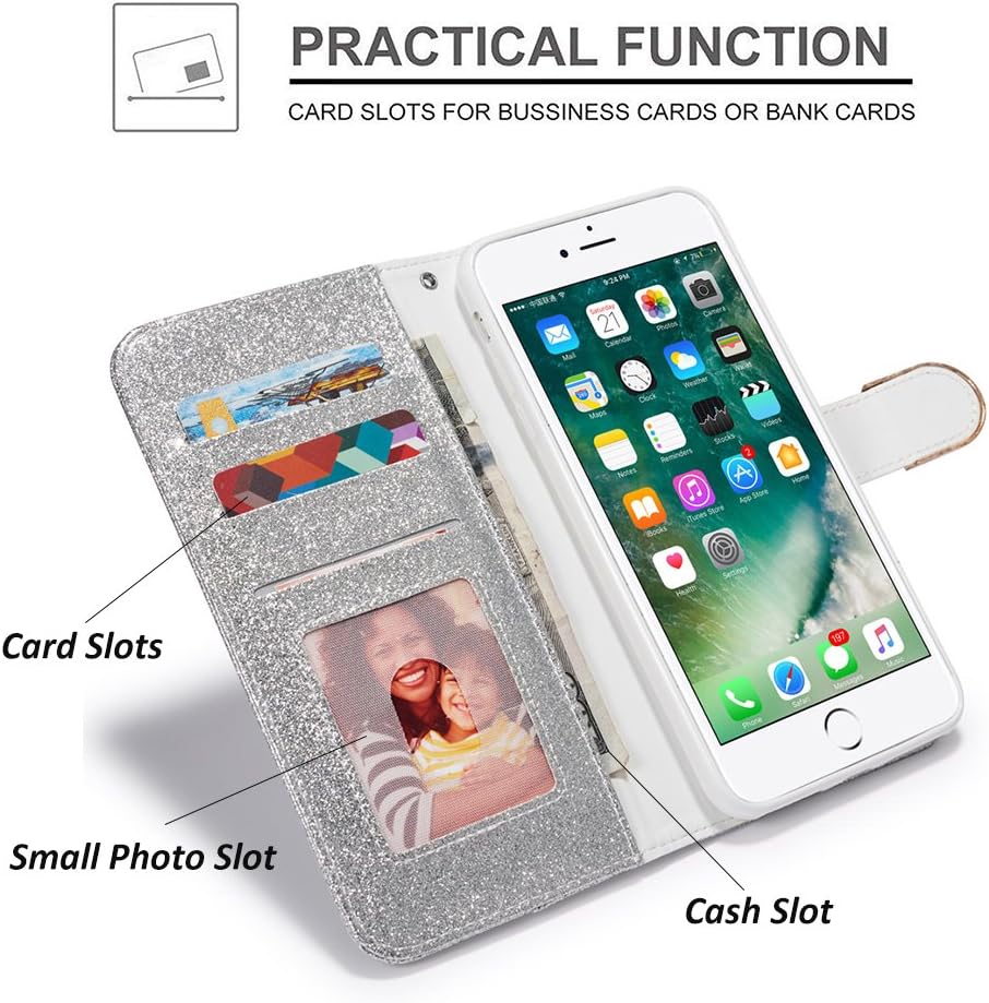 UEEBAI Wallet Flip Case for iPhone 6 6S, Premium Glitter Glossy PU Leather Case with Diamond Buckle [Card Slots] [Magnetic Clasp] Stand Function Rhinestone Strap Handbag Soft TPU Cover - Silver