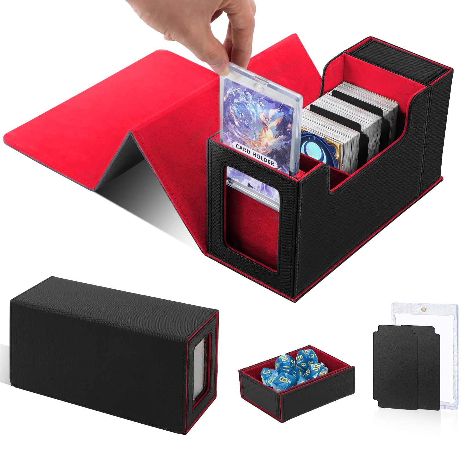 HIMOMO Caja de Cartas para MTG,magic the gathering commander deck box,Card Deck Box,Gamegenic Deck Box para más de 600+ cartas de TCG,con 2 divisores y 1 bandeja para dados(Rojo)