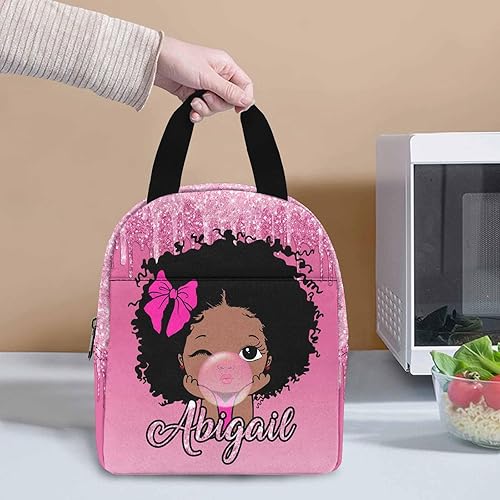 Miniatura 3 de Lonchera con nombre personalizado para niños, color rosa degradado con patrón brillante, bolsa de almuerzo aislada reutilizable, bolsa de almuerzo