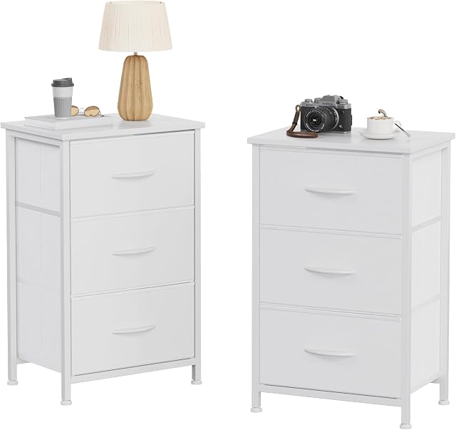 KitMnet Night Stands 2 Set, Beside Table End Table with 3 Fabric Drawers, Beside Furniture to Storage, 3 Bins for Bedroom, Kids Closet Dorm Guest Room, White