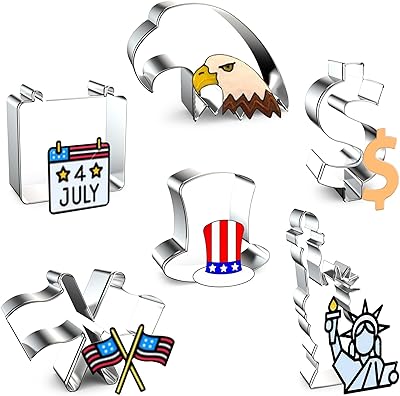Lucleag 4th of July Cookie Cutters Set, 6PCS Fourth July Patriotic Metal Cookie Cutters Molds, Statue of Liberty, Eagle, H...