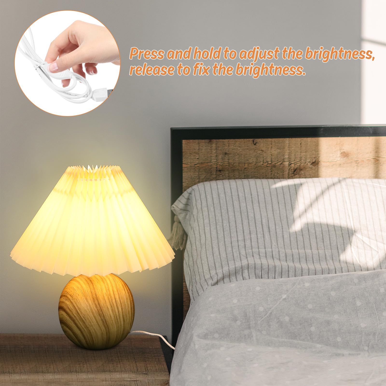 SHINEOFI Lampada da Tavolo Dimmerabile Paralume Plissettato e Base in Venature del Legno, Porta USB Integrata per Camera da Letto e Soggiorno, Luce Regolabile Continua per Lettura e Relax