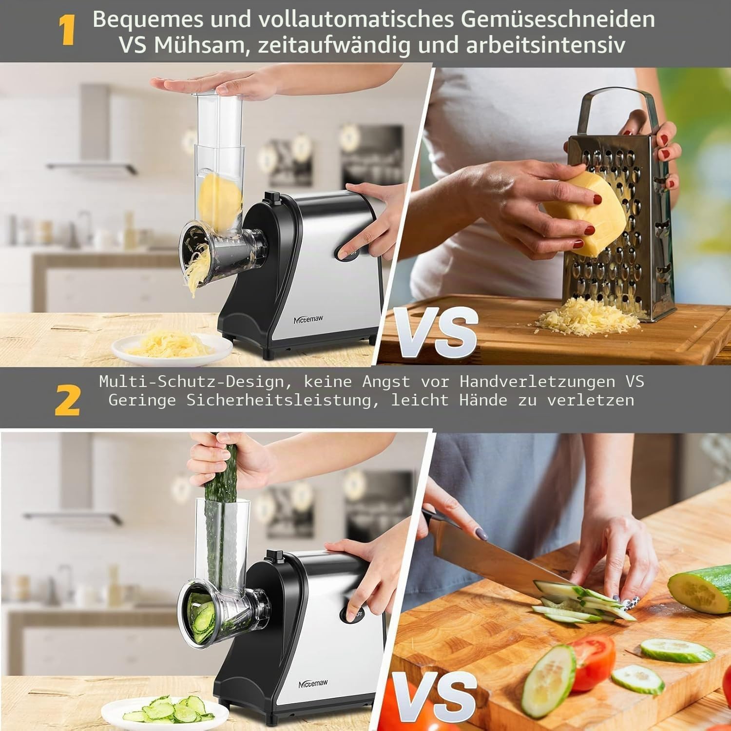 Gemüseschneider Elektrisch 250W Professional, 5-in-1 Küchenreibe mit 5 Klingen für Käse Kartoffeln Karotten, Gemüsehobel Edelstahl