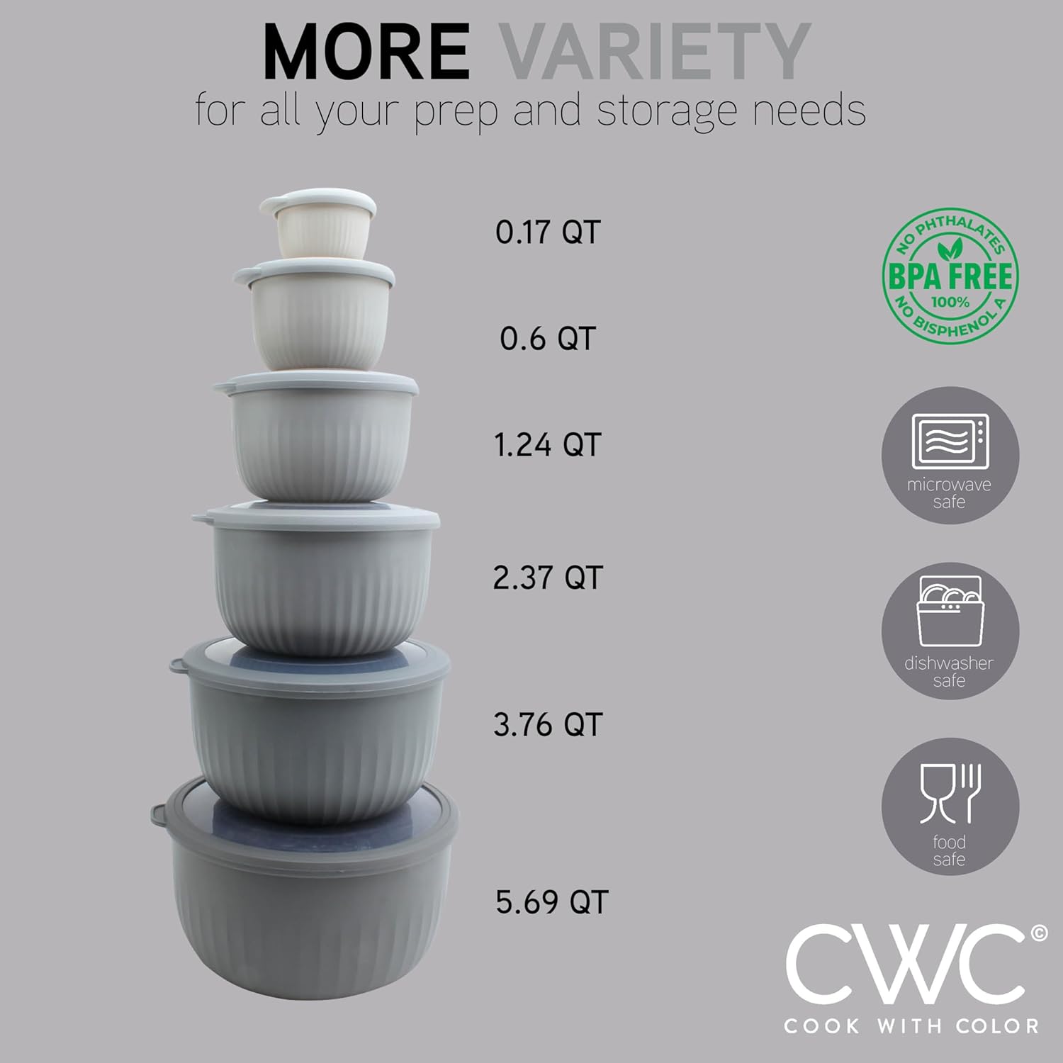 COOK WITH COLOR Prep Bowls with Lids- Wide and Deep Nesting Plastic Small Mixing Bowl Set with Lids, 12 Piece Set - Deep Bowls, Gray - Image 4