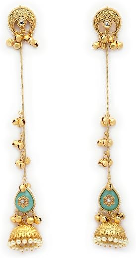 Zeneme Gold Plated Traditional Ethnic Jhumka Long Drop Kashmiri Jhumka Earrings Traditional Long Drop Earring with Ghungro...