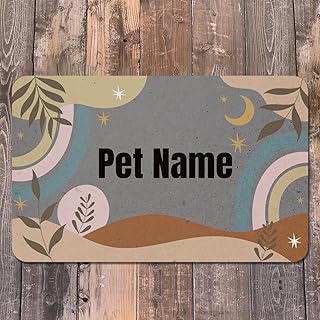 Personalization Dog Cat Food Mat PU Material Dog Bowl Mat Custom Name Dog Mat for Food and Water Pet Food Mat Waterproof Oil-Proof and Non-Slip Bottom (Grayish Yellow)