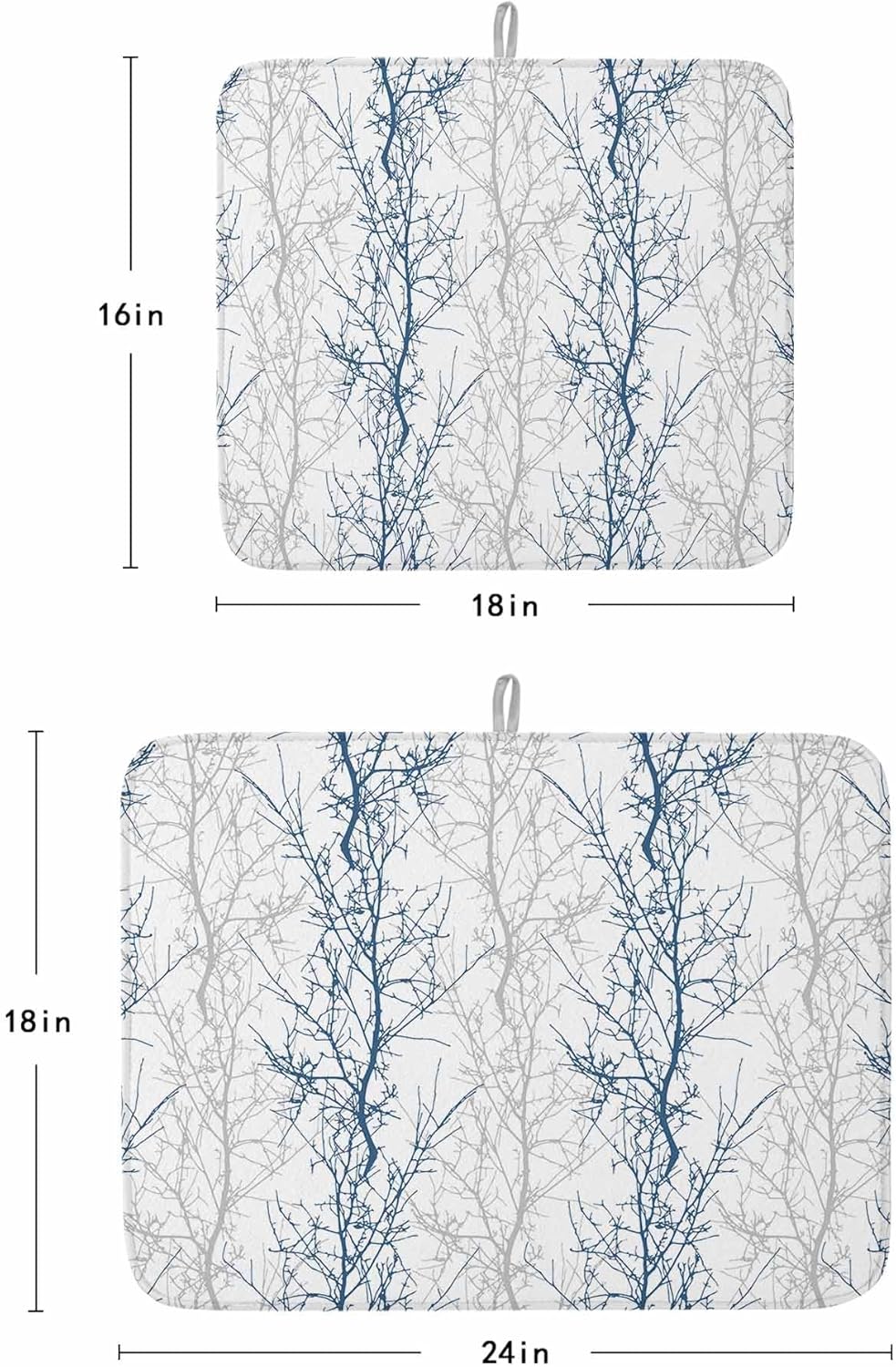 Blue Grey Minimalist Tree Dish Drying Mats for Kitchen Counter Set of 2, Vintage Branch Gradient Absorbent Dish Drainer/Rack Mat,Hangding Quick Drying kitchen Mat,18x24inch Machine Washable