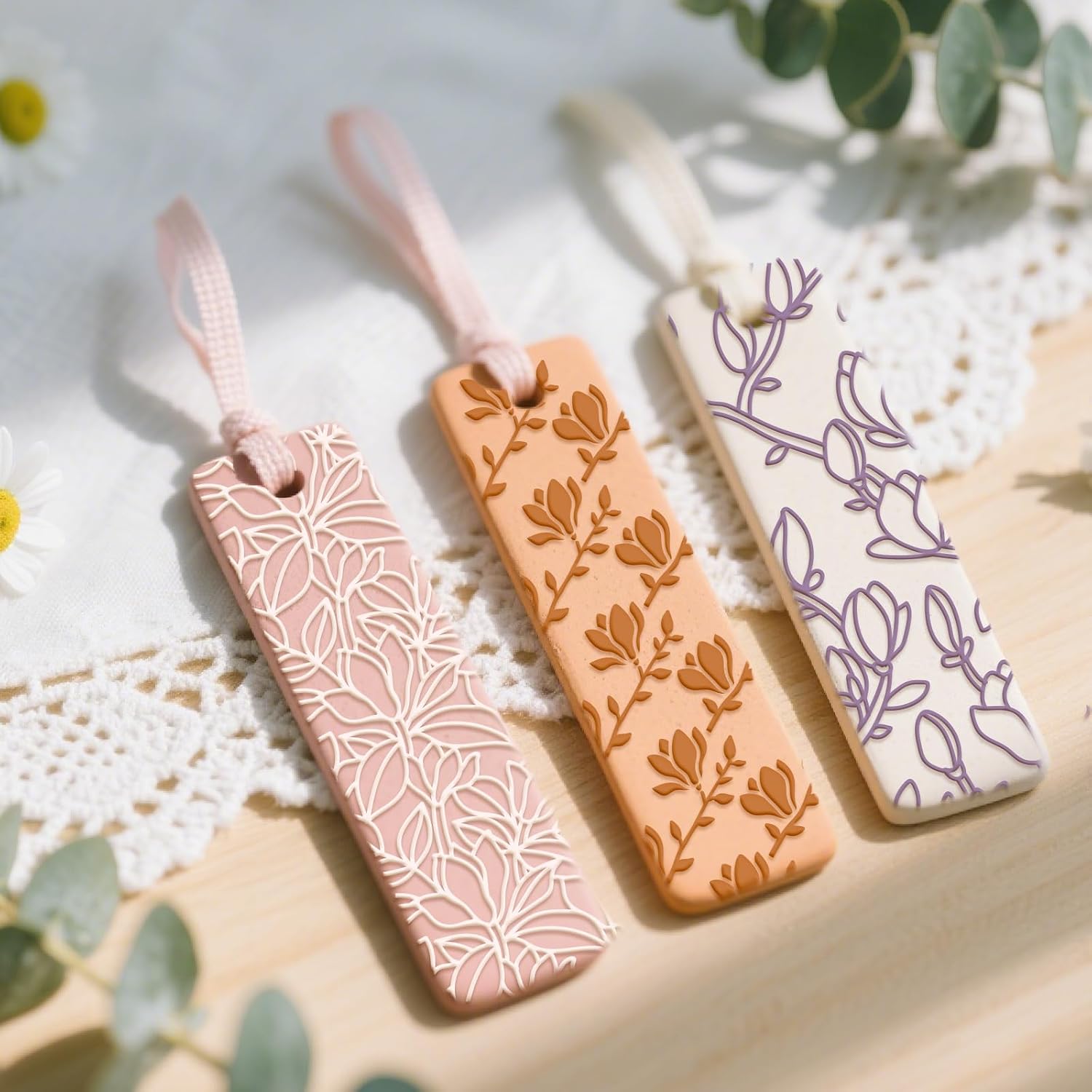 4 Sheets Magnolias Flowers Pattern Polymer Clay Texture Sheet Plants Pattern Rubber Clay Texture Mat for Polymer Clay Making Earrings Jewelry DIY Crafts 4 × 2.5 Inch