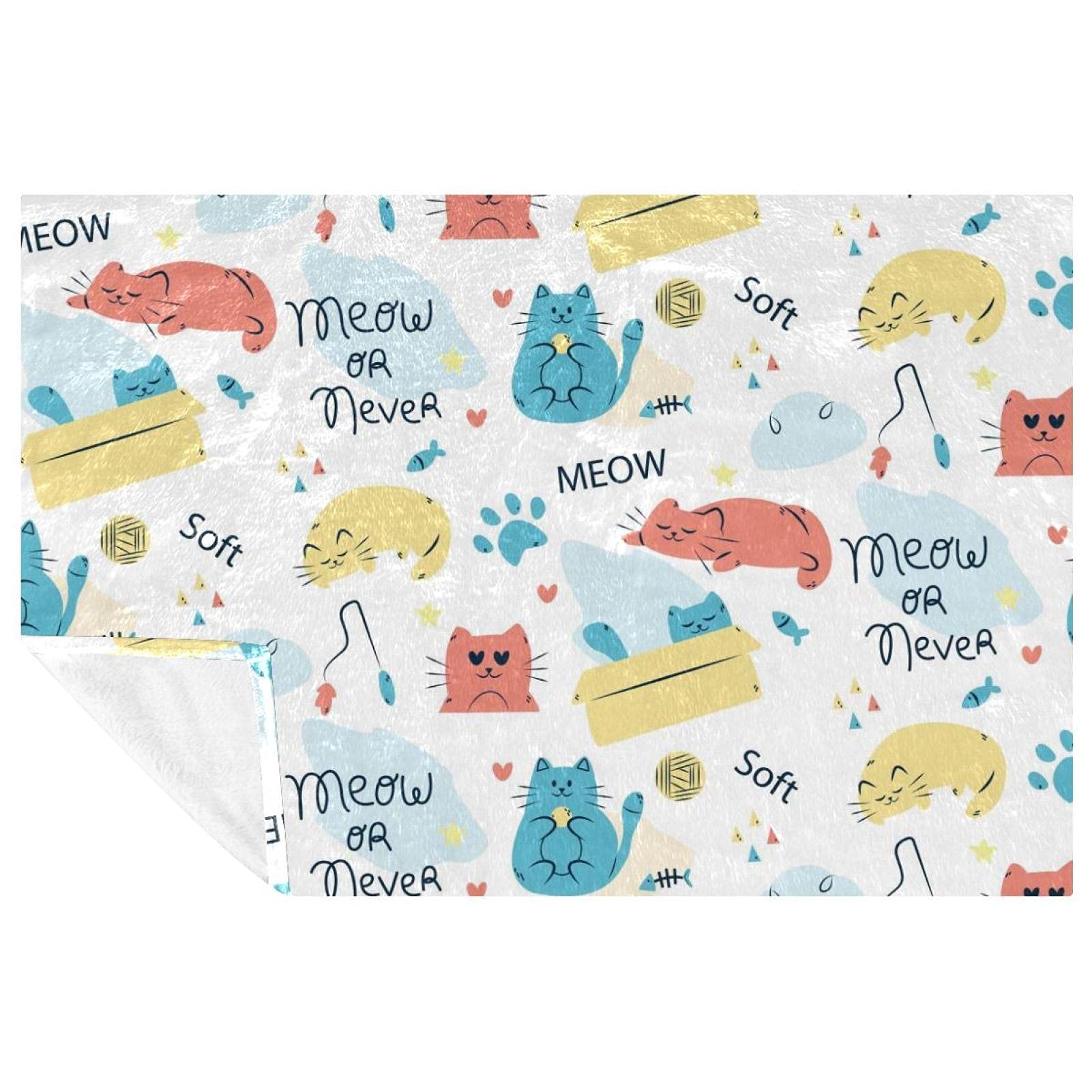 Couverture chat doodle et poisson 150x100cm plaid doux et chaud pour lit et canapé