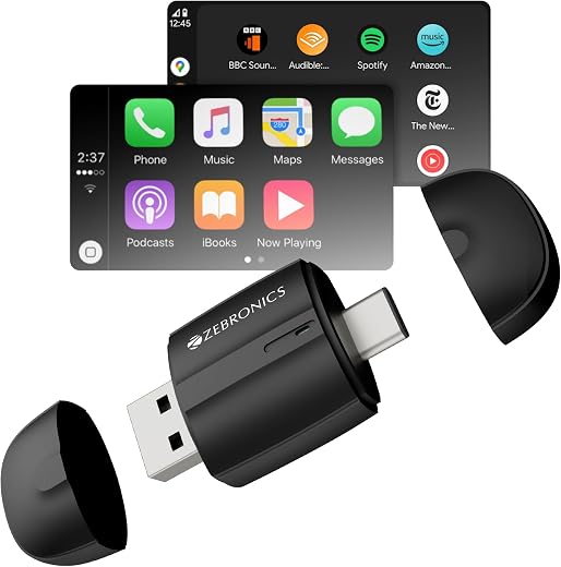 Zebronics 2-in-1 Wireless Carplay Receiver, Converts Wired Android Auto &amp; CarPlay to Wireless, USB A &amp; Type C, BT v5.4, Wi