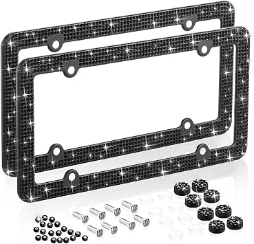 Bling Rhinestone License Plate Frames for Women, 4 Row Rhinestone Diamond Metal Stainless Stee License Plate Cover Bling Car Accessories Decoration 2 Pack, 4 Holes Black
