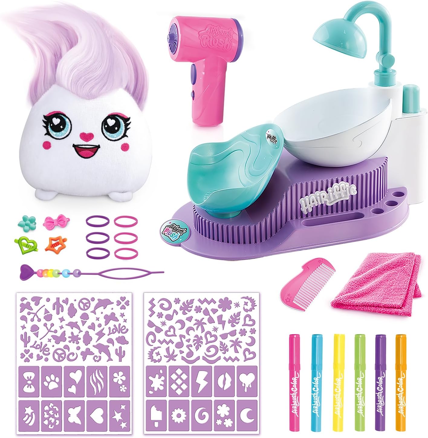 Canal Toys - Airbrush Plush - Hair'iffic Hairdressing Salon - Dye, Wash & Style Soft Toy - Electronic Airbrush Hair Dryer - 20 Accessories + Spray Bottle - Creative Game from 6 Years - AIR 044