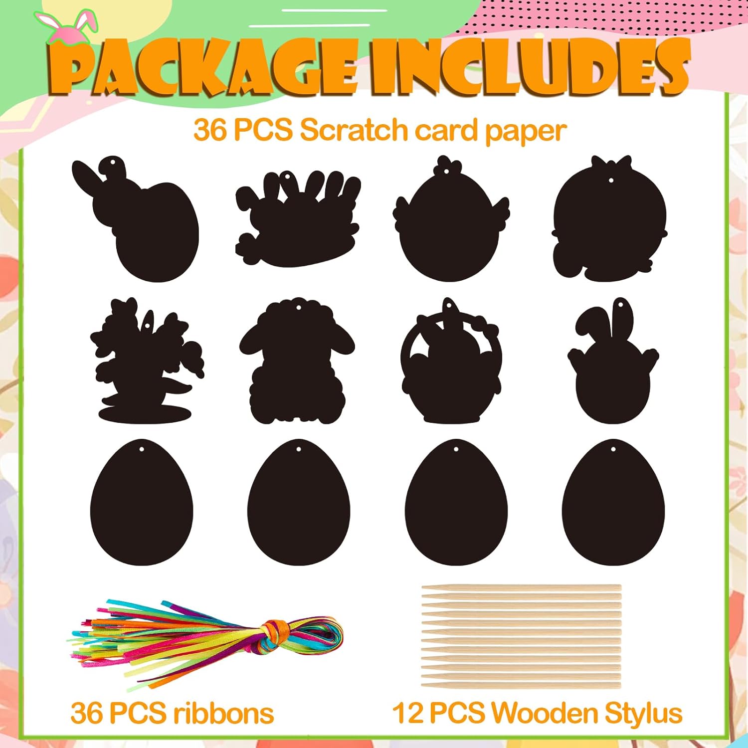 Konsait 36 PCS Easter Scratch Paper, Bunny Eggs Scratch Art Cards for Kids Rainbow Scratch Paper with Wooden Styluses Ribbons Easter Party Decor Favors Crafts Activities