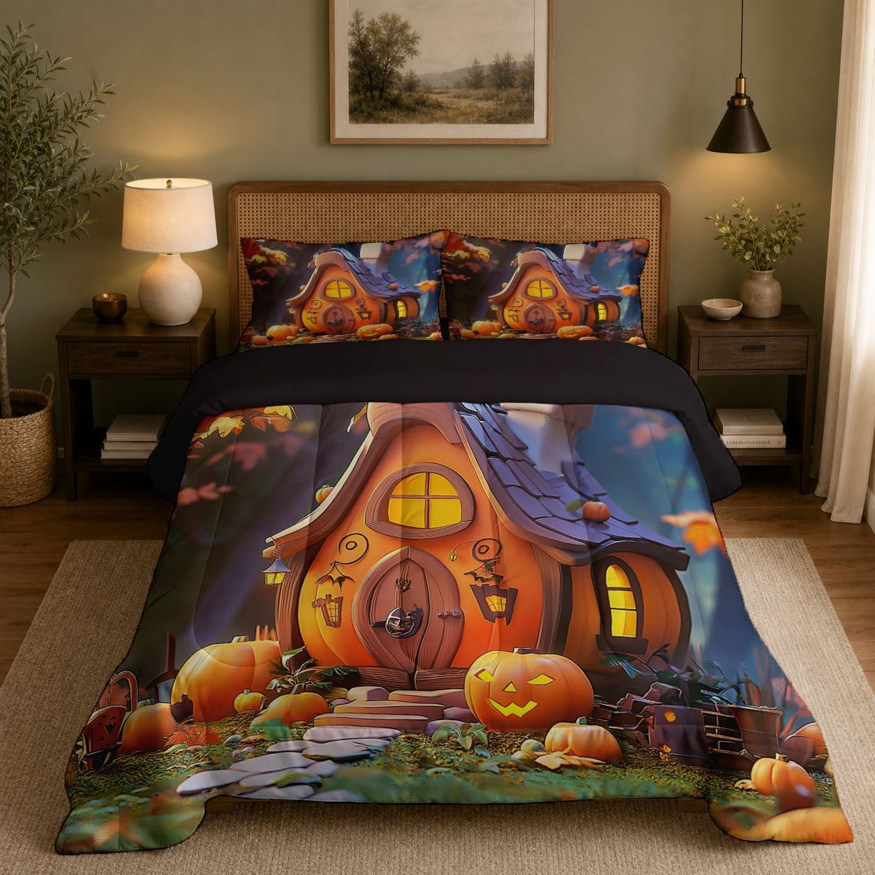 Halloween Fairy Tale Quilt Queen Size Warm Orange Quilt Bedding Set | 3 Pieces Soft Lightweight Microfiber Forest Cabin Pumpkin Bedspread Coverlet Set for All Season, 90"X90"